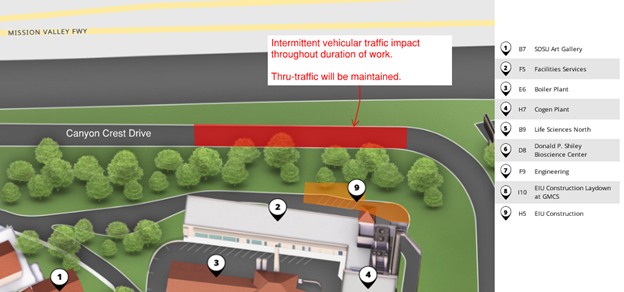 SDSU campus map detail marking area of traffic impact on Canyon Crest Drive